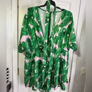 Green Tropical Leaf Print Romper Pink Background